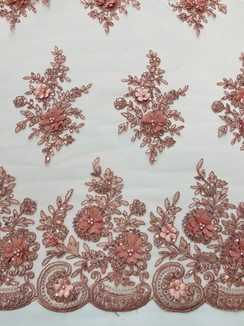 3D Floral Fabric with Floral Border - Dusty Rose - Embroidered Floral Fabric with Sequin and Beads By Yard