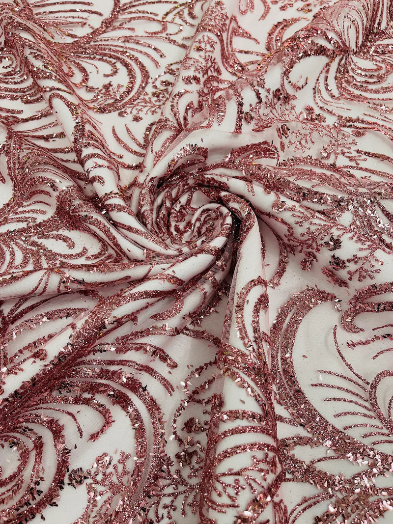 Glitter Palm Leaf Design Fabric - Dusty Rose - Tulle Mesh Glitter Leaf Design Fabric Sold By Yard