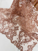 King Lace Pattern Fabric - Dusty Rose - Embroidered Sequins on Lace Mesh Fabric By Yard