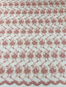 Embroidered Flower Fabric - Dusty Rose - Floral Design Scalloped Border Fabric By Yard