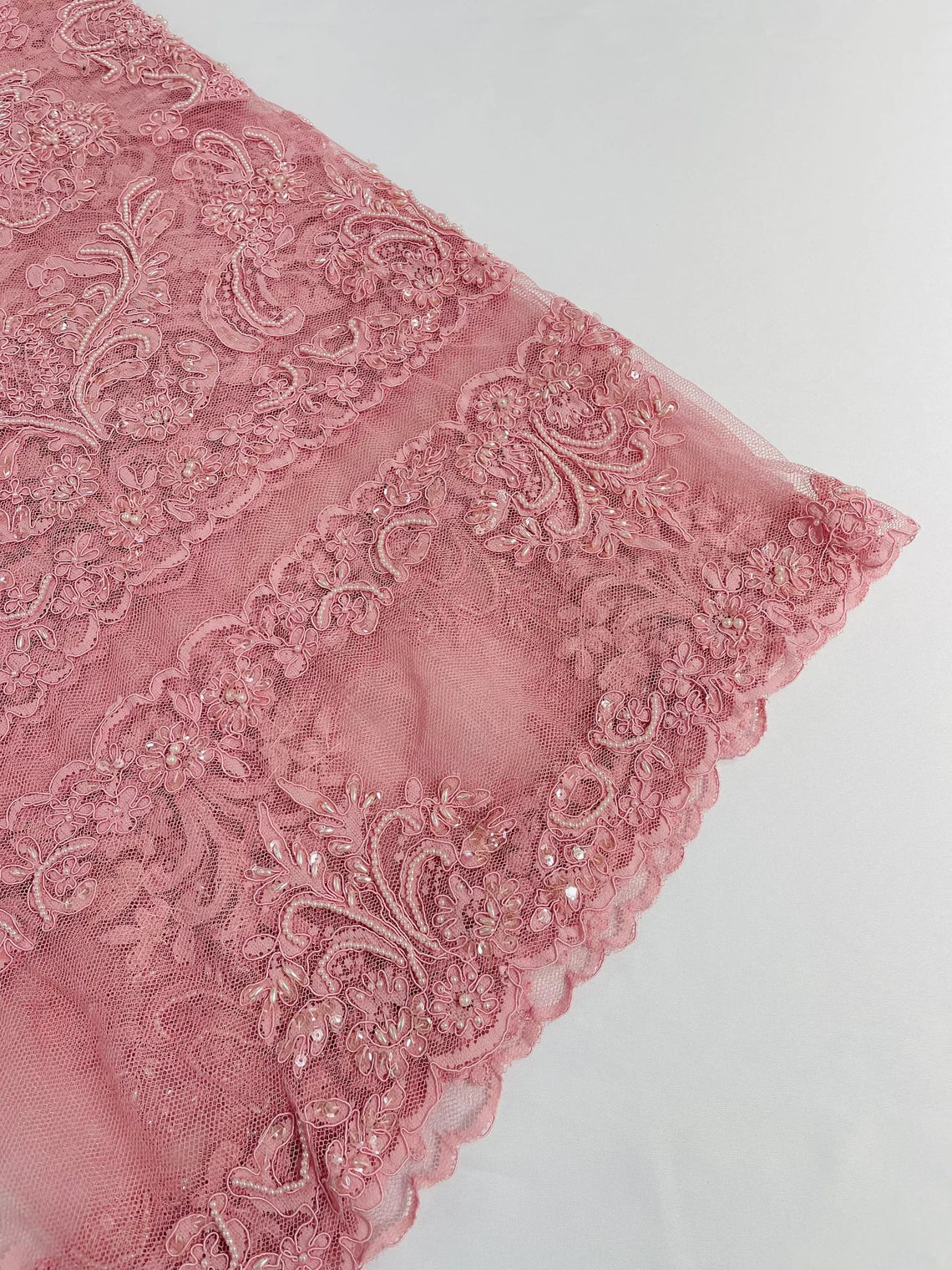 Beaded My Lady Damask Design - Dusty Rose - Beaded Fancy Damask Embroidered Fabric By Yard