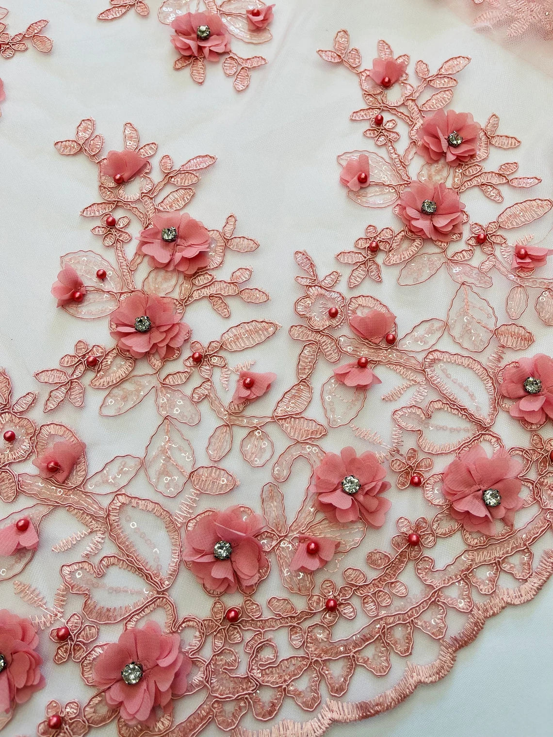 3D Embroidered Floral Fabric - Dusty Rose - 3D Rhinestone and Sequins Floral Fabric Sold By Yard