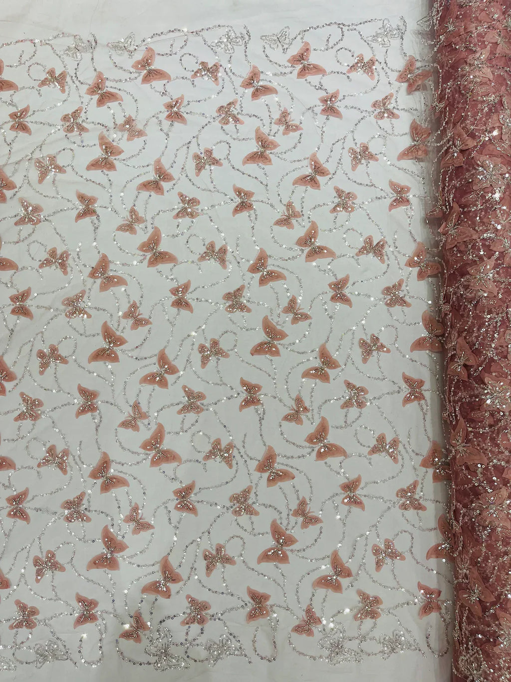 3D Butterfly Beaded Fabric - Dusty Rose - Beaded Sequins Butterfly Embroidered Fabric By Yard
