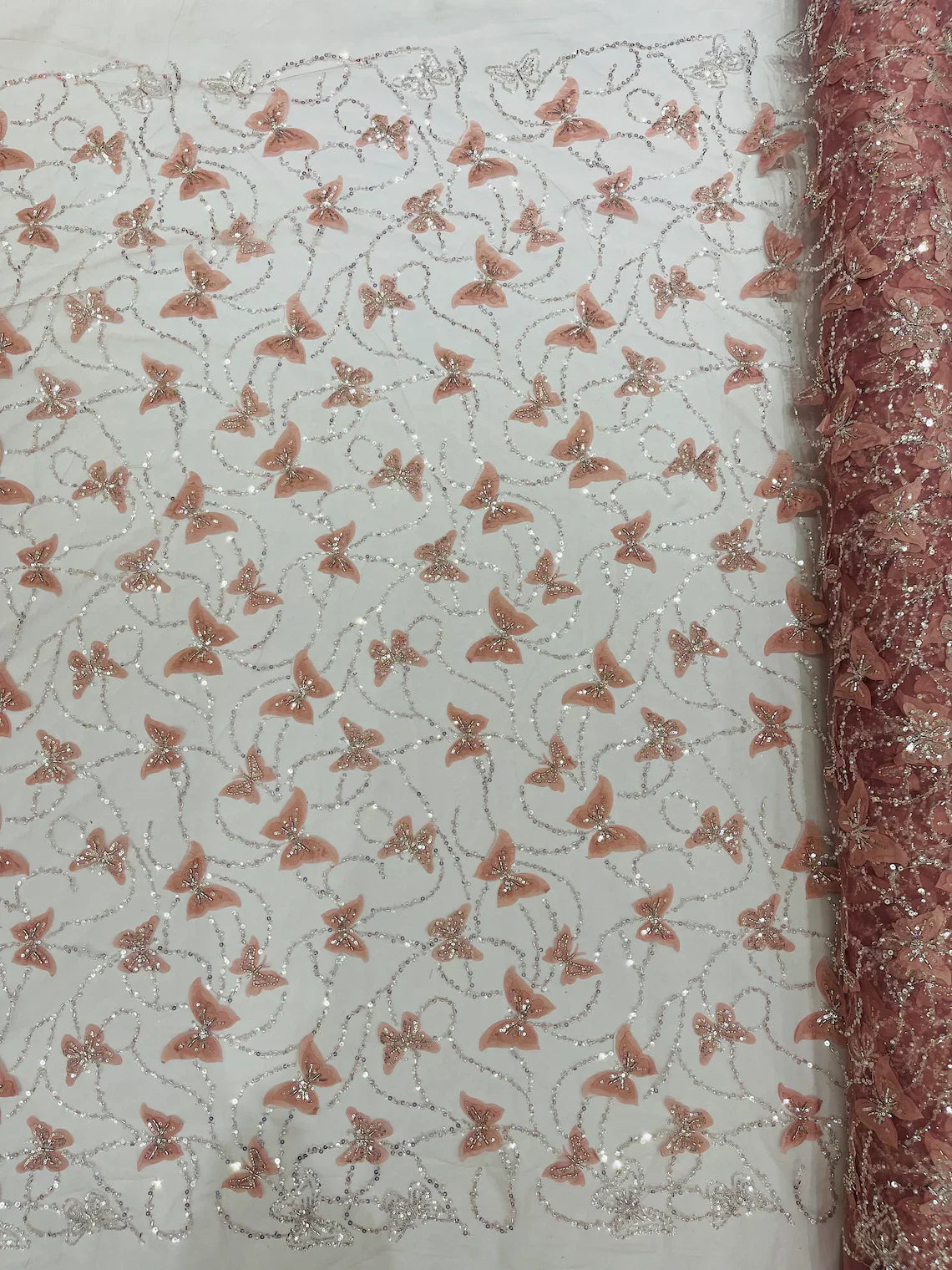 3D Butterfly Beaded Fabric - Dusty Rose - Beaded Sequins Butterfly Embroidered Fabric By Yard