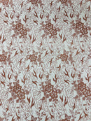 Flower Glitter Fabric - Dusty Rose - 3D Floral Tulle Fabric for Wedding, Quinceañera By Yard