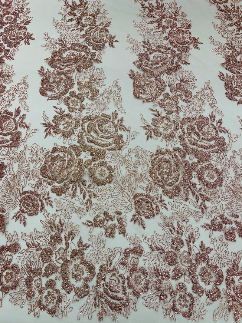 Rose Glitter Fabric - Dusty Rose - 3D Glitter Rose Tulle Fabric for Wedding, Quinceañera By Yard