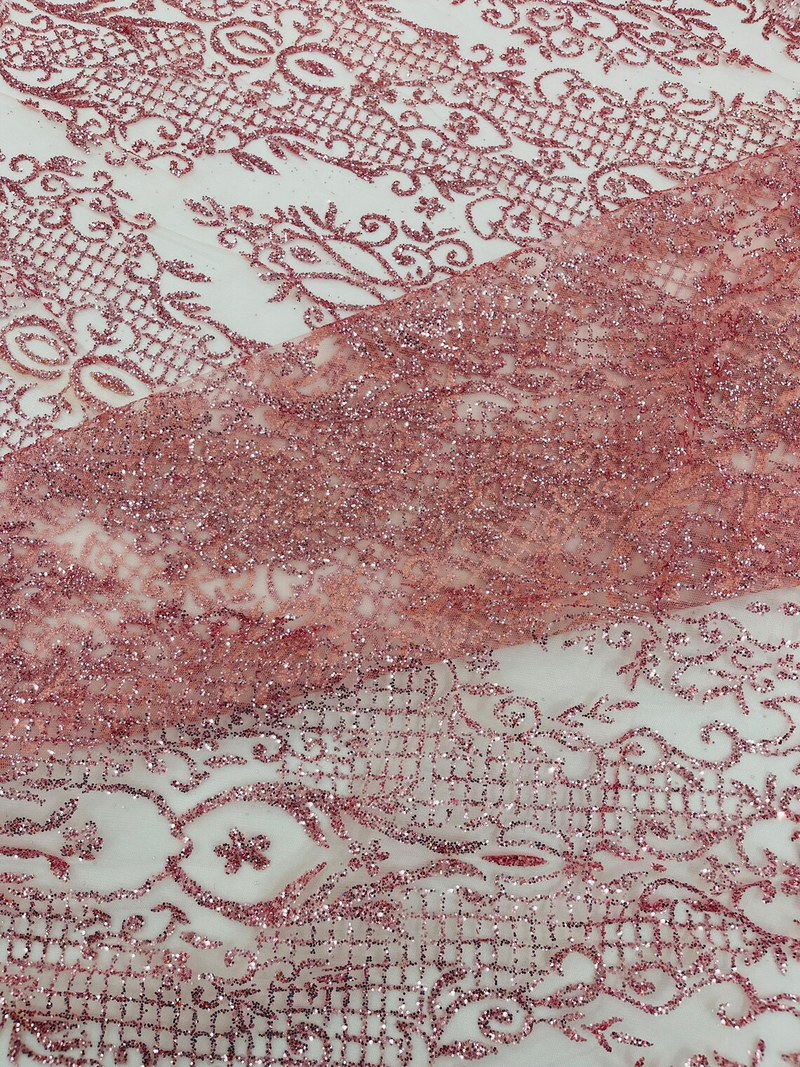 Long Damask Glitter Design - Silver - Tulle Mesh with Mermaid Tail Glitter Design Sold By Yard