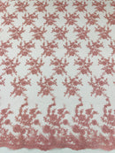 Embroidered Corded Lace Fabric - Dusty Rose - Cluster Fancy Flower Embroidered Lace Fabric By Yard