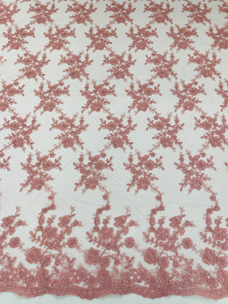 Embroidered Corded Lace Fabric - Dusty Rose - Cluster Fancy Flower Embroidered Lace Fabric By Yard