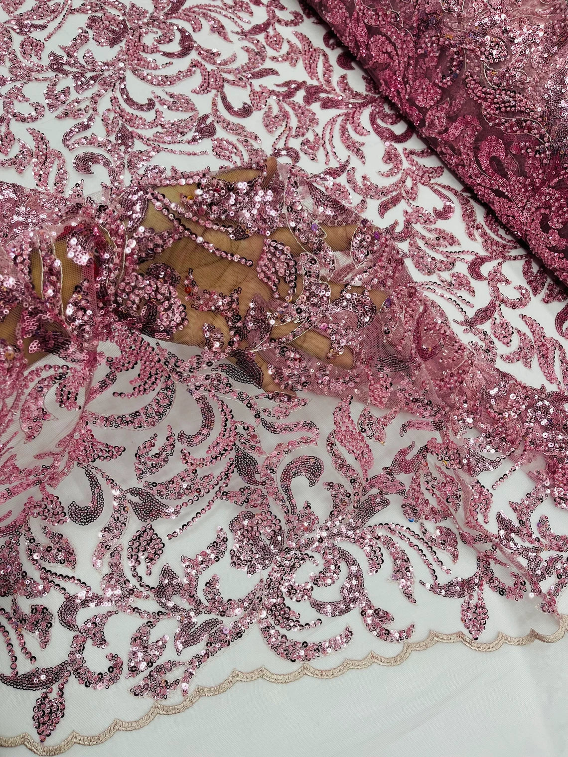 Beaded Flower Leaf Fabric - Dusty Rose - Shiny Beads and Sequins in Flower Design on Lace by Yard