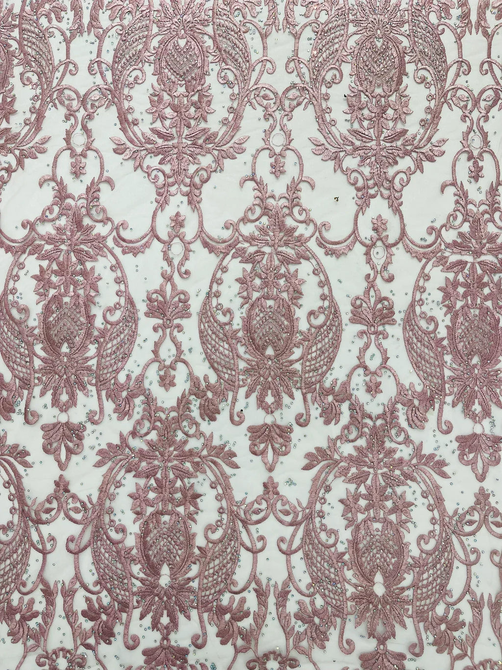 Damask Rhinestone Fabric - Dusty Rose - Beaded Embroidery Corded Lace Fabric Sold by Yard