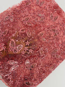 Butterfly Sequins Fabric - Dusty Rose - Metallic Floral Butterfly Design on Lace Fabric By Yard