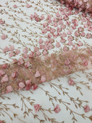 3D Flower Glitter Fabric - Dusty Rose - Flower Design on Glitter Mesh Fabric Sold By Yard