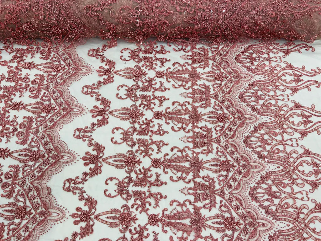 Damask Bead Fabric - Dusty Rose - Embroidered Glamorous Fabric with Round Beads Sold By Yard
