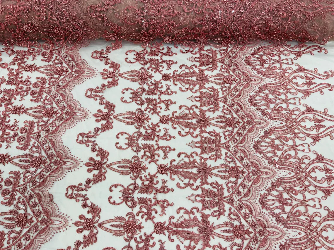 Damask Bead Fabric - Dusty Rose - Embroidered Glamorous Fabric with Round Beads Sold By Yard