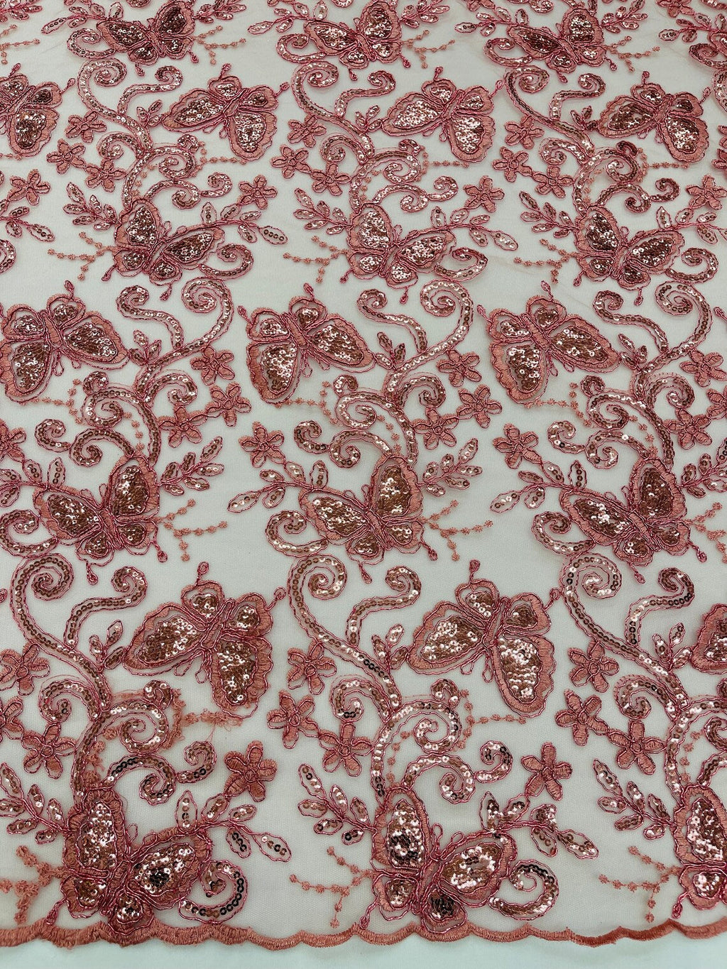 Butterfly Sequins Fabric - Dusty Rose - Metallic Floral Butterfly Design on Lace Fabric By Yard