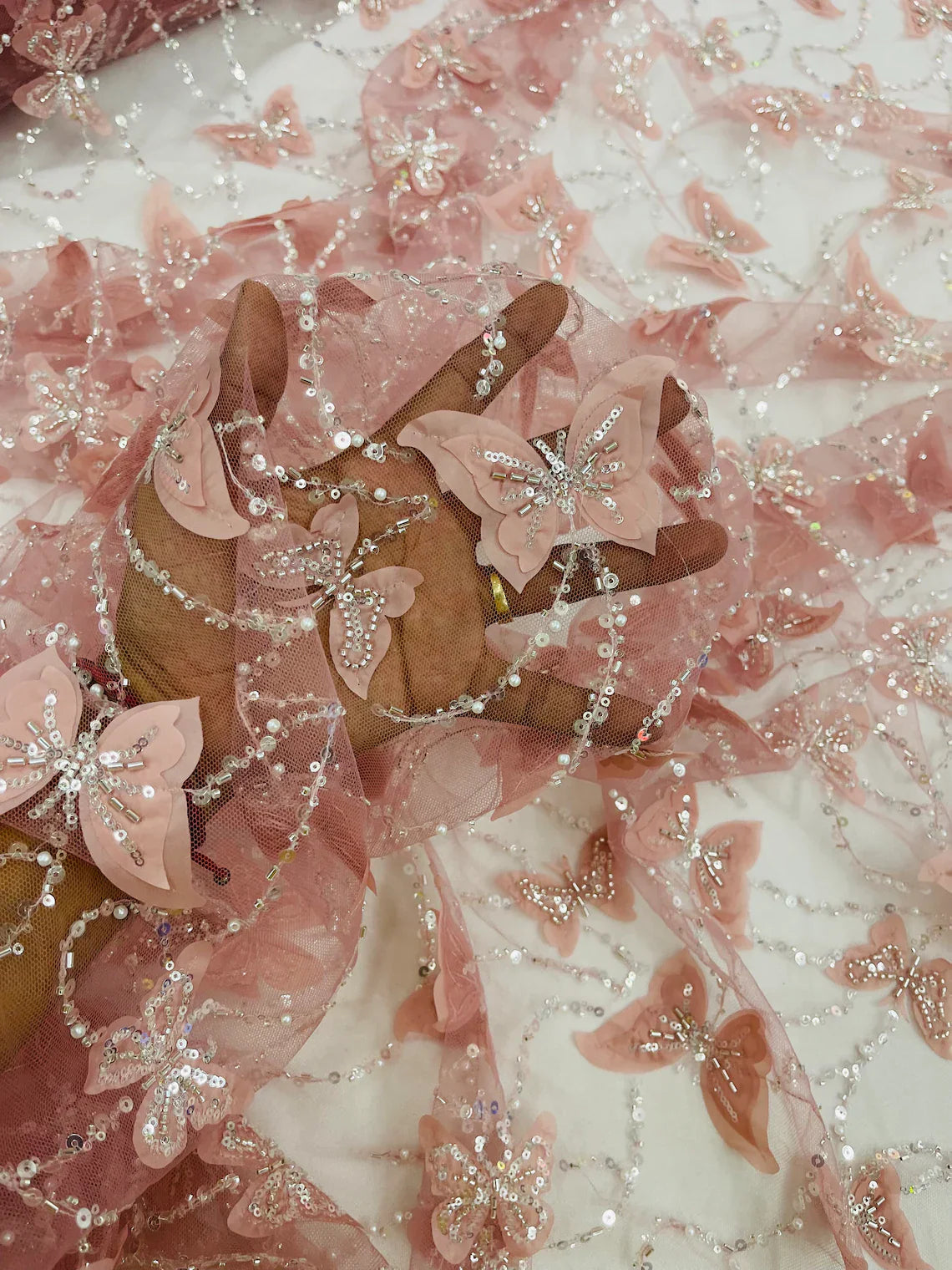 3D Butterfly Beaded Fabric - Dusty Rose - Beaded Sequins Butterfly Embroidered Fabric By Yard