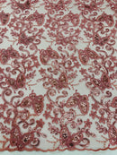 Butterfly Sequins Fabric - Dusty Rose - Metallic Floral Butterfly Design on Lace Fabric By Yard