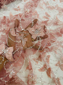 3D Butterfly Beaded Fabric - Dusty Rose - Beaded Sequins Butterfly Embroidered Fabric By Yard