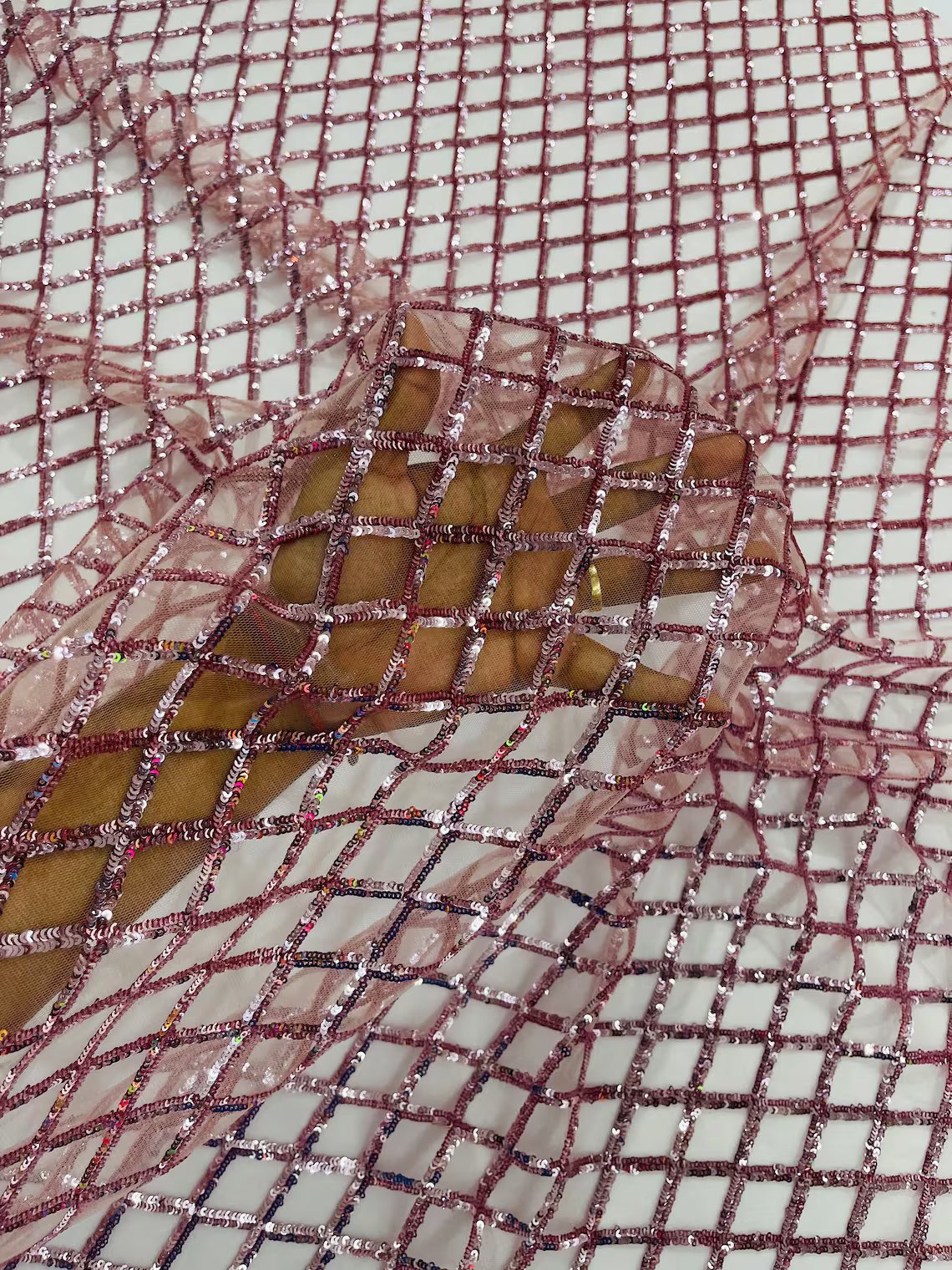 Diamond Sequins Fabric - Dusty Rose - Diamond Geometric Net Design on Mesh Lace Fabric By Yard