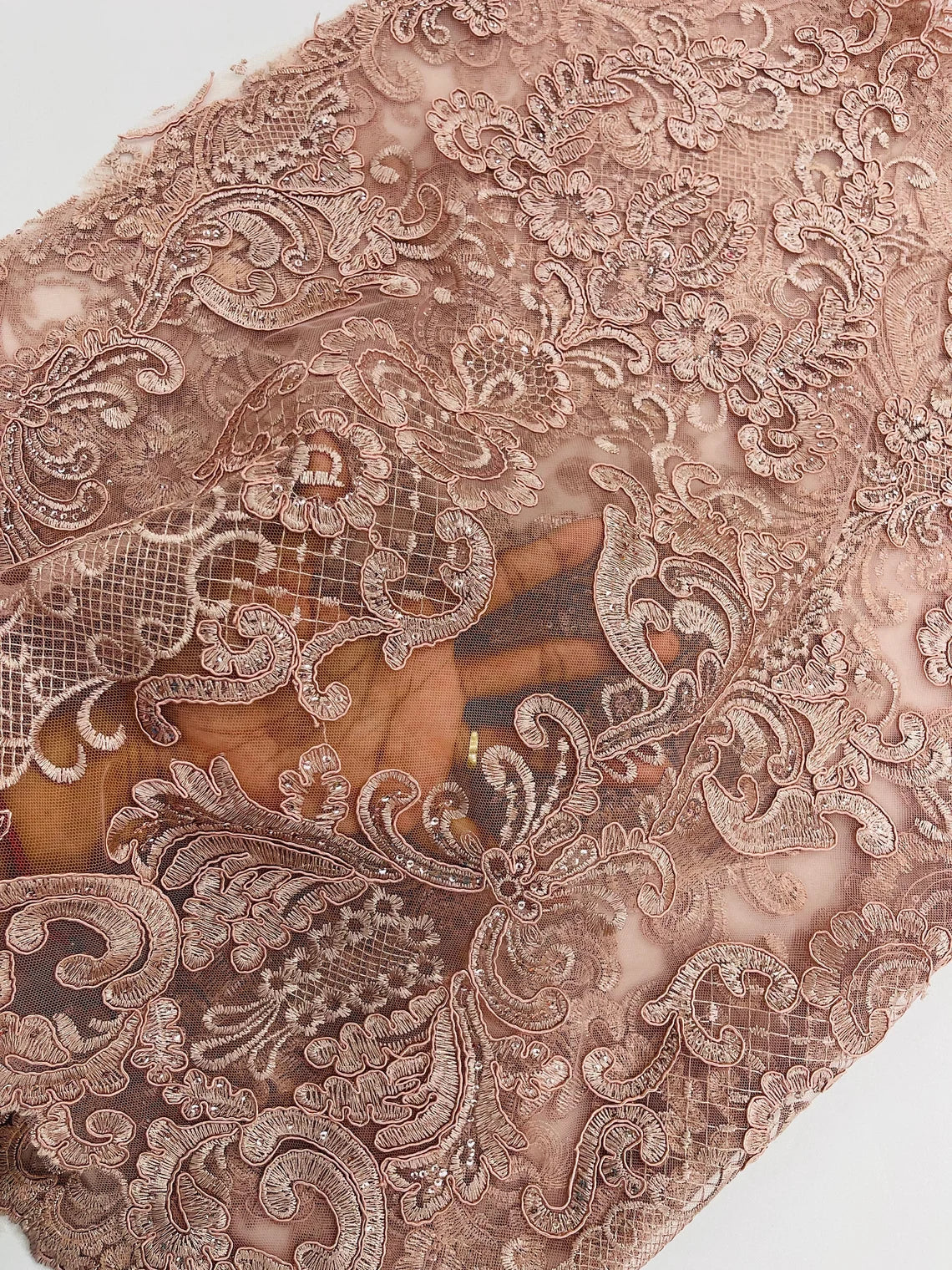 King Lace Pattern Fabric - Dusty Rose - Embroidered Sequins on Lace Mesh Fabric By Yard