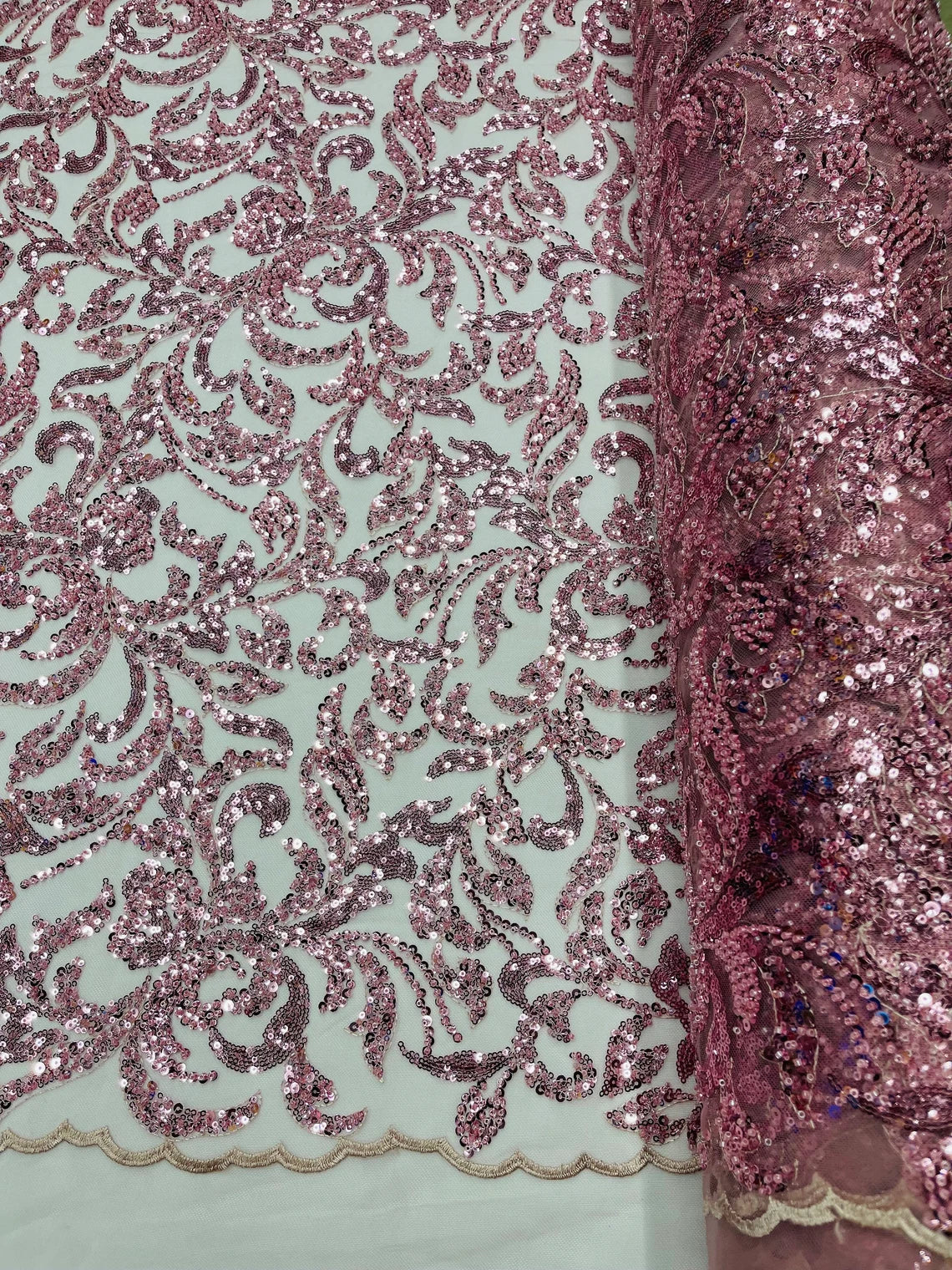 Beaded Flower Leaf Fabric - Dusty Rose - Shiny Beads and Sequins in Flower Design on Lace by Yard