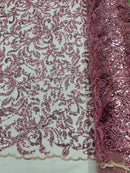 Beaded Flower Leaf Fabric - Dusty Rose - Shiny Beads and Sequins in Flower Design on Lace by Yard