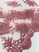 Floral Damask Lace Fabric - Dusty Rose - Embroidered Damask Flowers on Lace Fabric By Yard