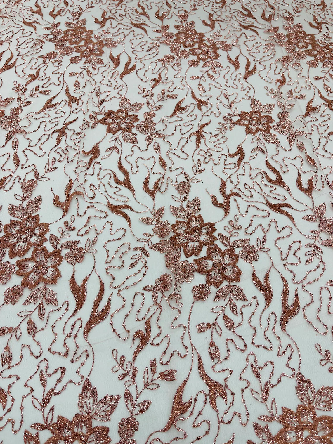 Flower Glitter Fabric - Dusty Rose - 3D Floral Tulle Fabric for Wedding, Quinceañera By Yard