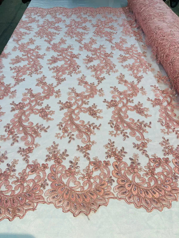 Lace Sequins Fabric - Corded Flower Embroidery Design Mesh Fabric - 25 Yard Roll