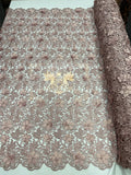 Guipure Floral Lace Fabric - Dusty Rose - Floral Pearls Guipure Fabric Sold By Yard