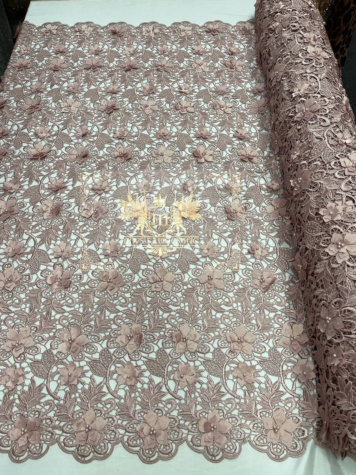 Guipure Floral Lace Fabric - Dusty Rose - Floral Pearls Guipure Fabric Sold By Yard