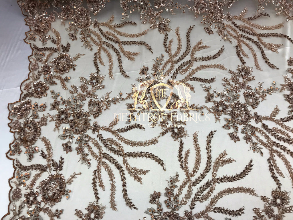 Beaded - Champagne - Fancy Flower Design Sequins Fabric with Beads Sold By The Yard