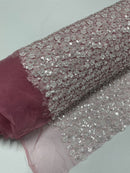 Small Beaded Flower Pearl Fabric - Dusty Rose - Pearls and Beads Embroidered Fabric By Yard