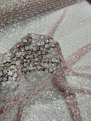 Small Beaded Flower Pearl Fabric - Dusty Rose - Pearls and Beads Embroidered Fabric By Yard