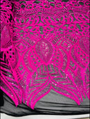 6 Yards Hot Pink Iridescent  - 4 Way Stretch Embroidered Royalty Sequins Design Fabric