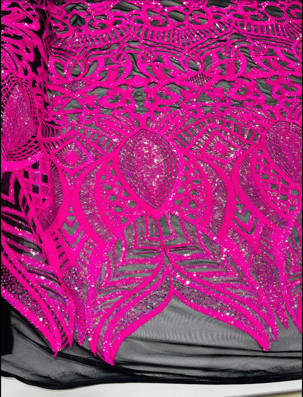 Hot Pink Iridescent  - 4 Way Stretch Embroidered Royalty Sequins Design Fabric