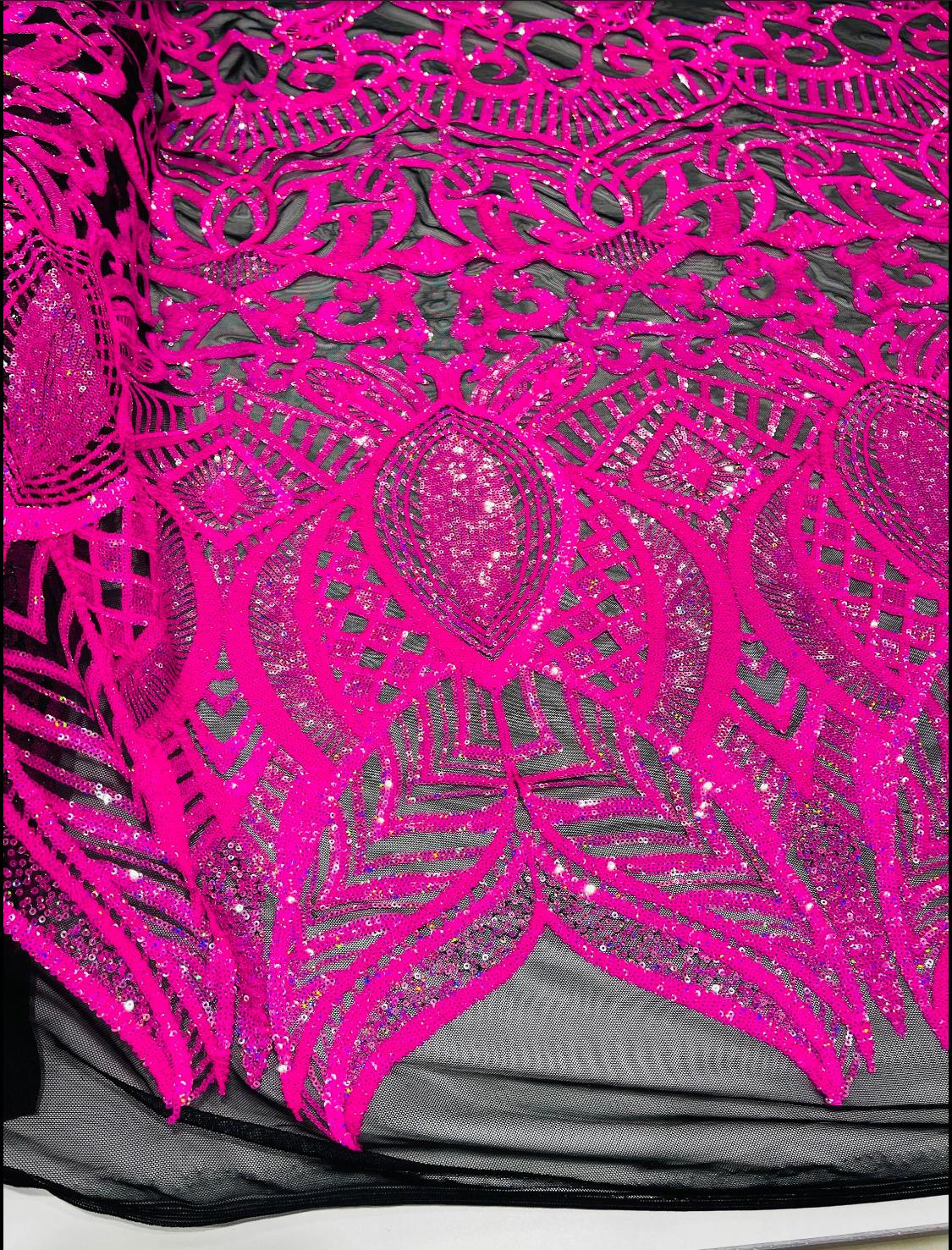 Hot Pink Iridescent  - 4 Way Stretch Embroidered Royalty Sequins Design Fabric