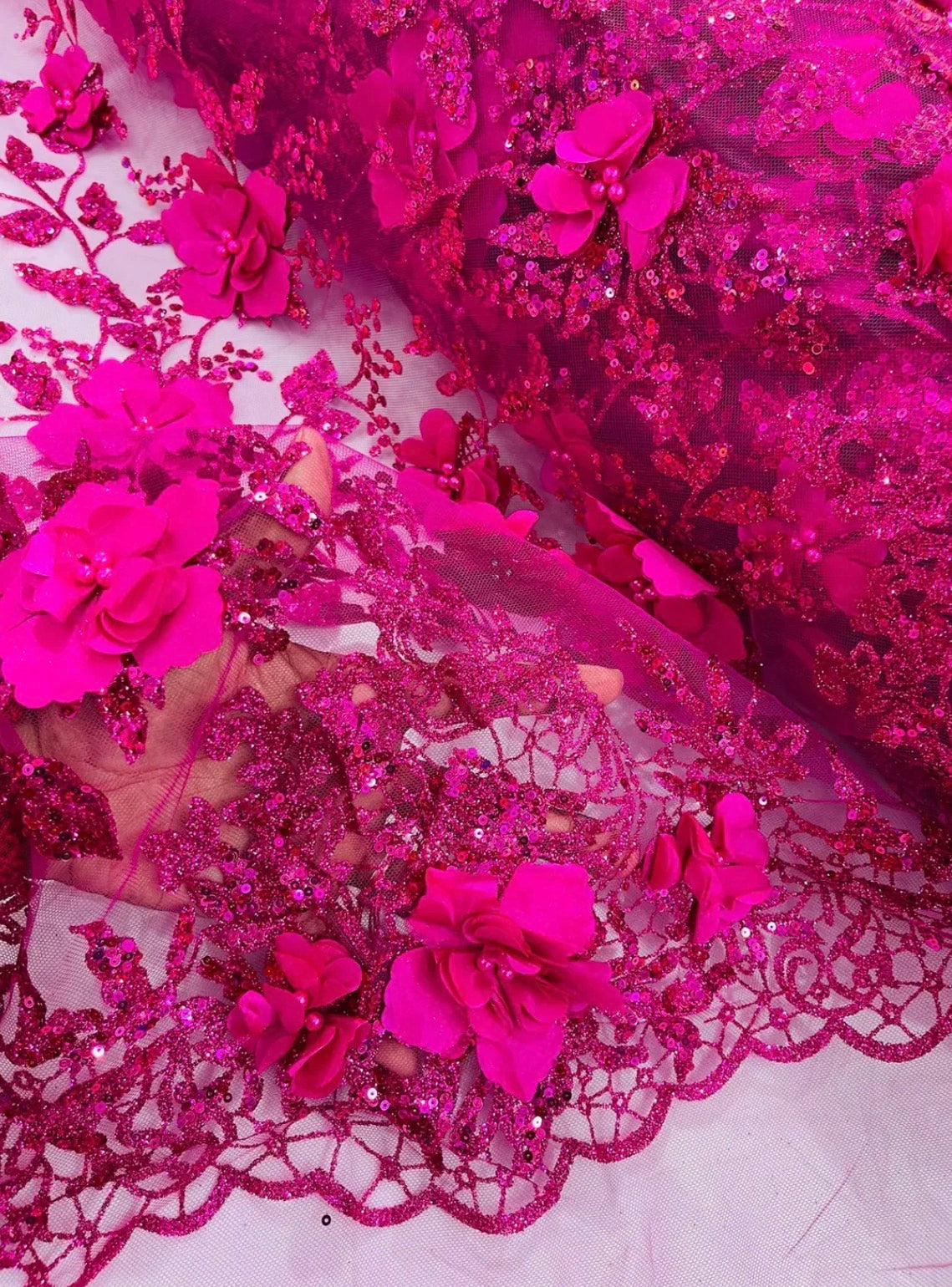 3D Flower Glitter Fabric - Fuchsia - Floral Glitter Sequin Design on Lace Mesh Fabric by Yard (Copy)
