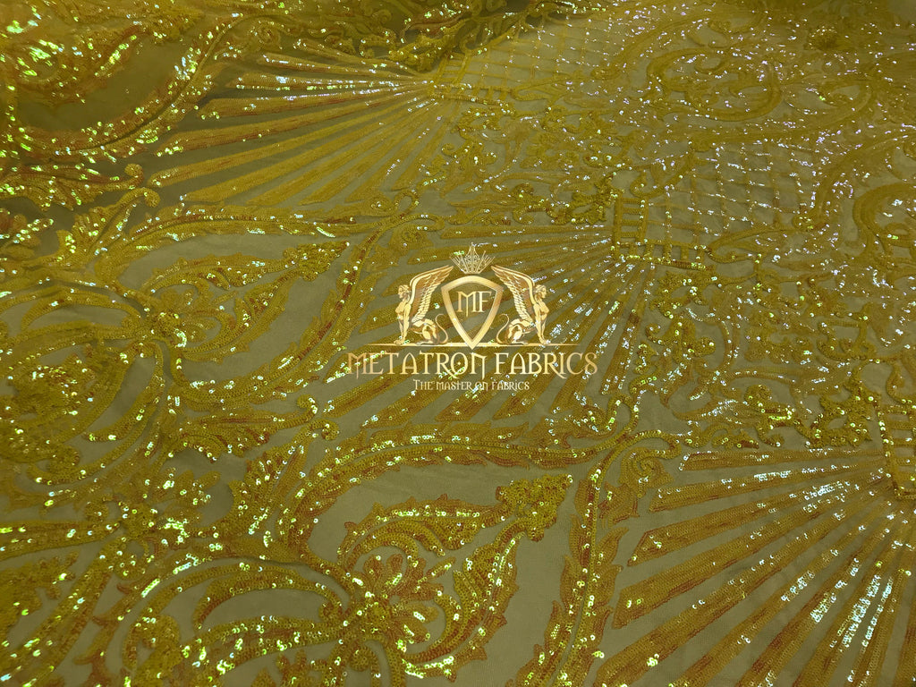 Iridescent Sequins - Yellow - 4 Way Stretch Damask Design Fabric On Stretch Mesh By The Yard