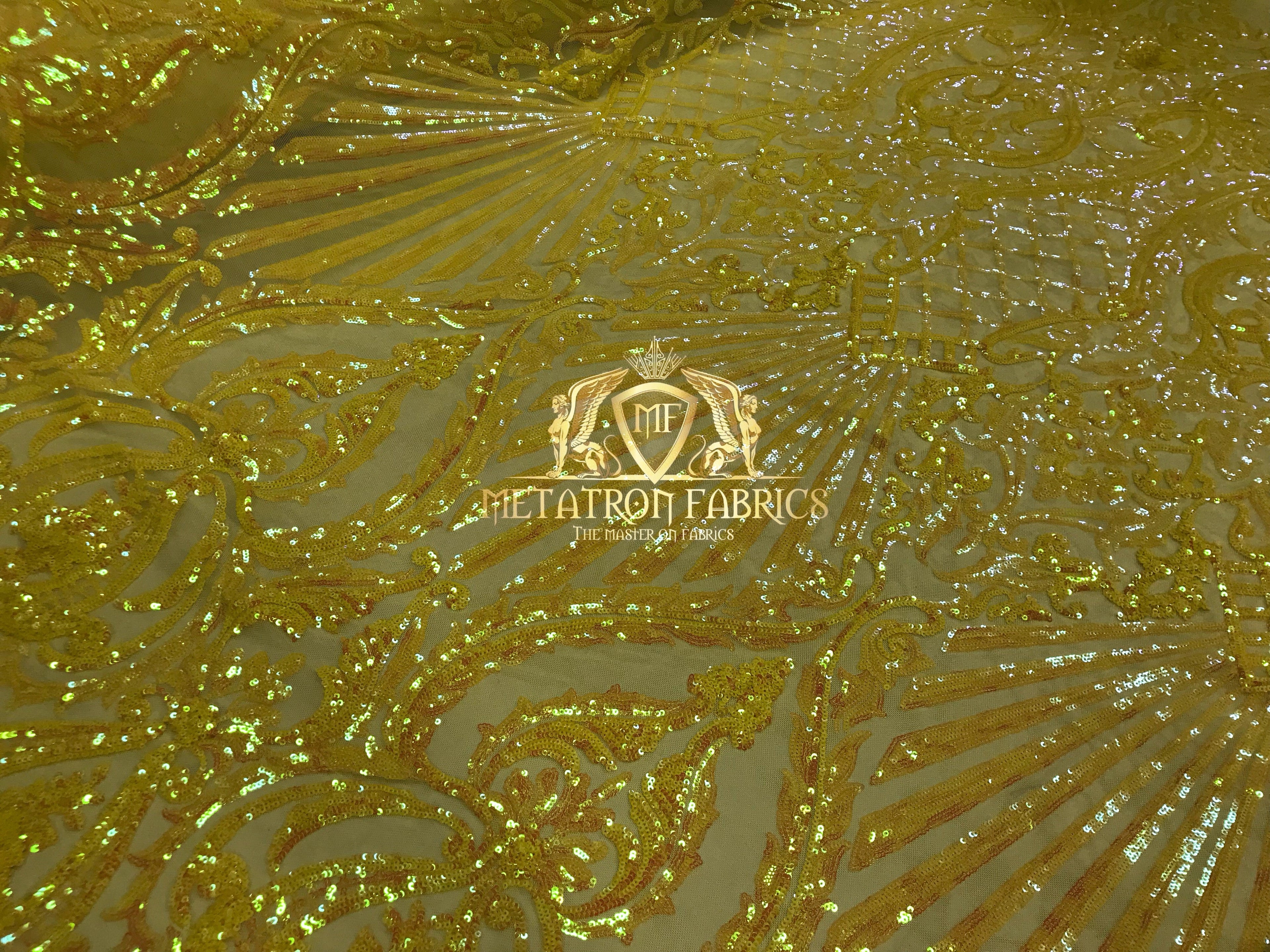 Iridescent Sequins - Yellow - 4 Way Stretch Damask Design Fabric On Stretch Mesh By The Yard