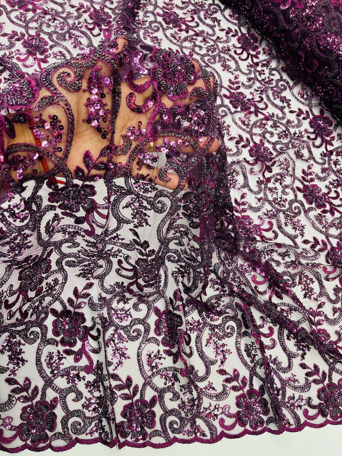 Embroidery Floral Bead Fabric - Eggplant  - Bridal Embroidery Beaded Floral  Fabric Sold by Yard