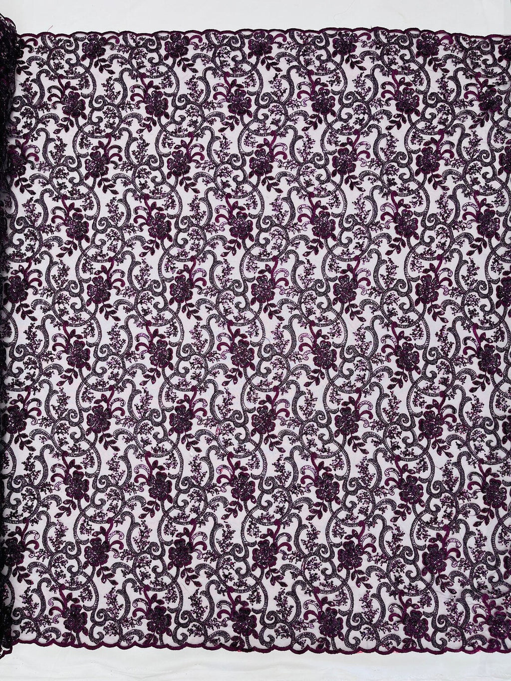 Embroidery Floral Bead Fabric - Eggplant  - Bridal Embroidery Beaded Floral  Fabric Sold by Yard
