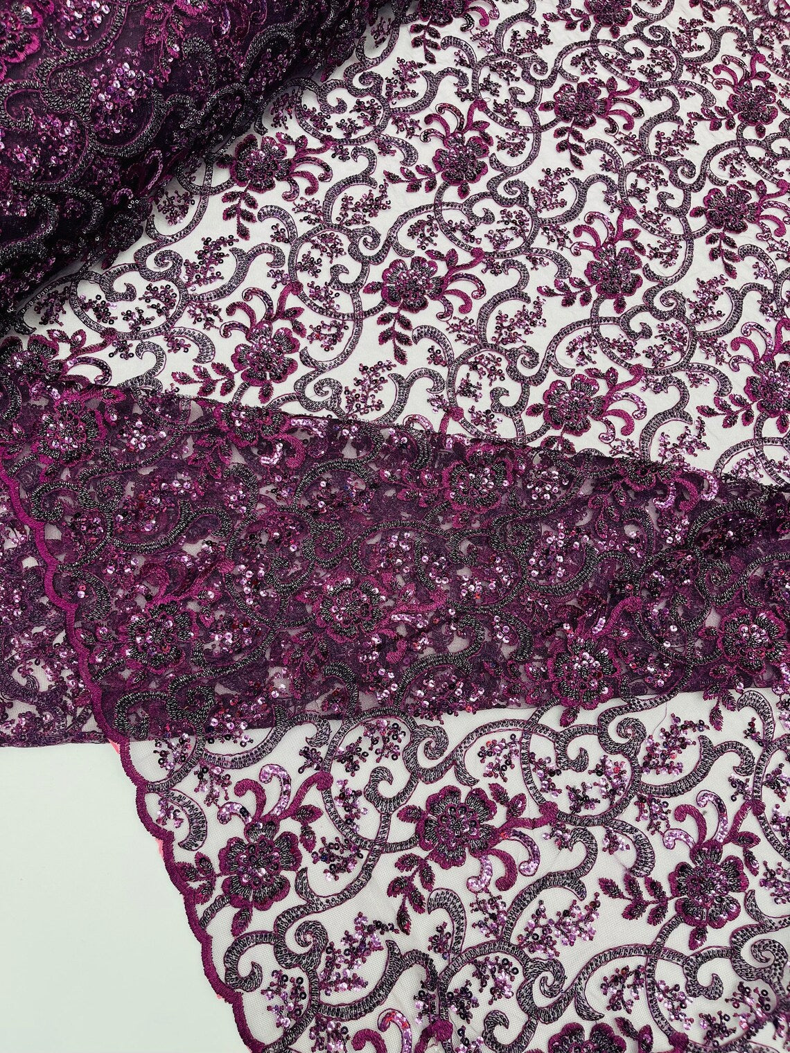 Embroidery Floral Bead Fabric - Eggplant  - Bridal Embroidery Beaded Floral  Fabric Sold by Yard
