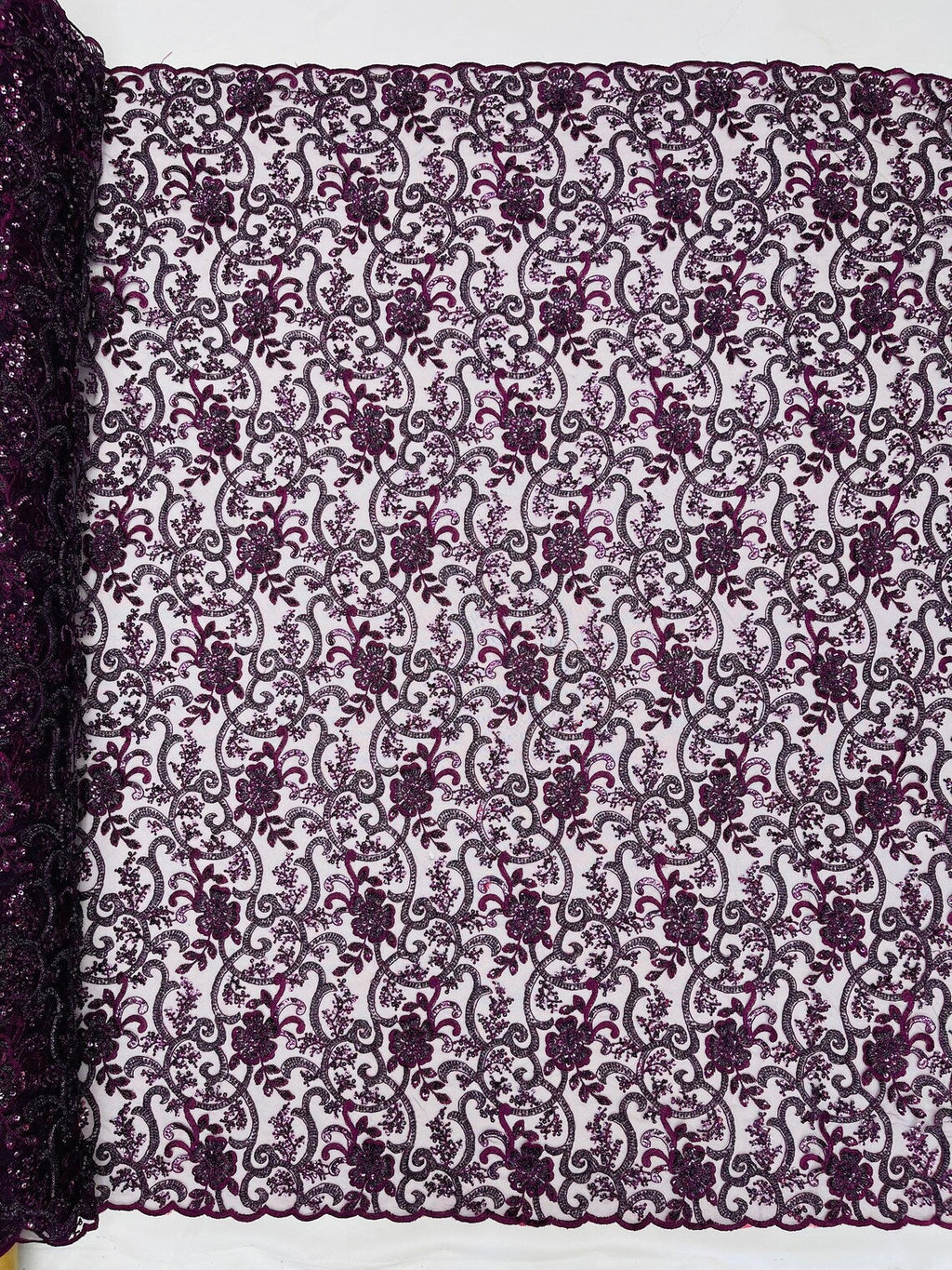 Embroidery Floral Bead Fabric - Eggplant  - Bridal Embroidery Beaded Floral  Fabric Sold by Yard