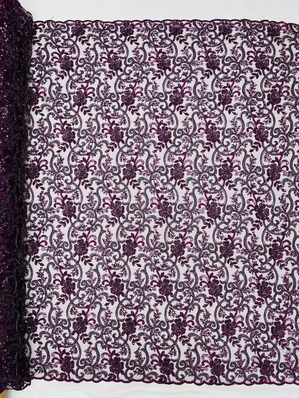 Embroidery Floral Bead Fabric - Eggplant  - Bridal Embroidery Beaded Floral  Fabric Sold by Yard