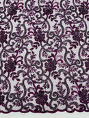 Embroidery Floral Bead Fabric - Eggplant  - Bridal Embroidery Beaded Floral  Fabric Sold by Yard