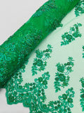 Beaded Floral Fabric - Emerald Green - Embroidered Flower Cluster Beaded Fabric Sold By Yard