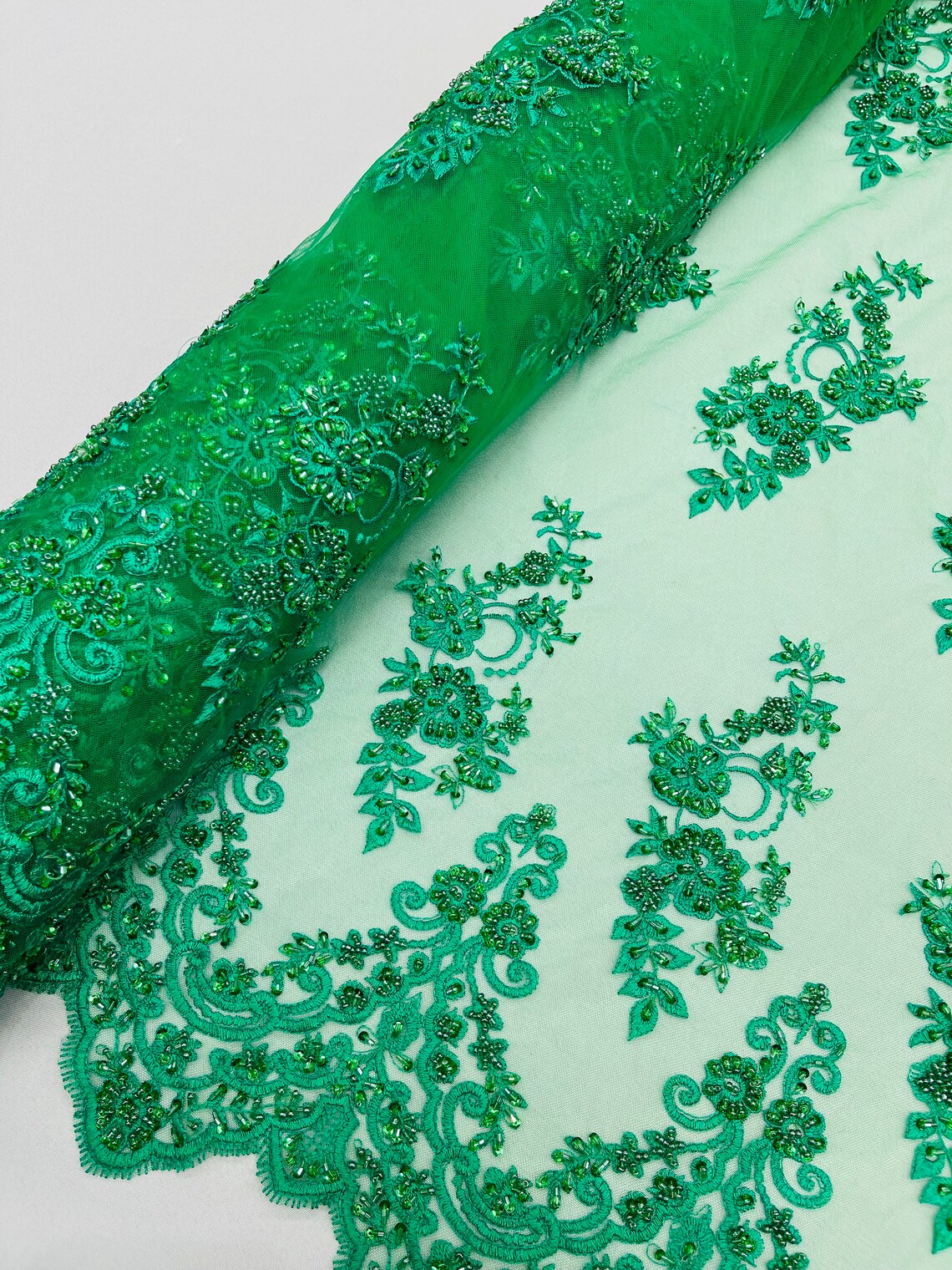 Beaded Floral Fabric - Emerald Green - Embroidered Flower Cluster Beaded Fabric Sold By Yard