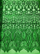 Emerald Green Iridescent - 4 Way Stretch Embroidered Royalty Sequins Design Fabric By Yard